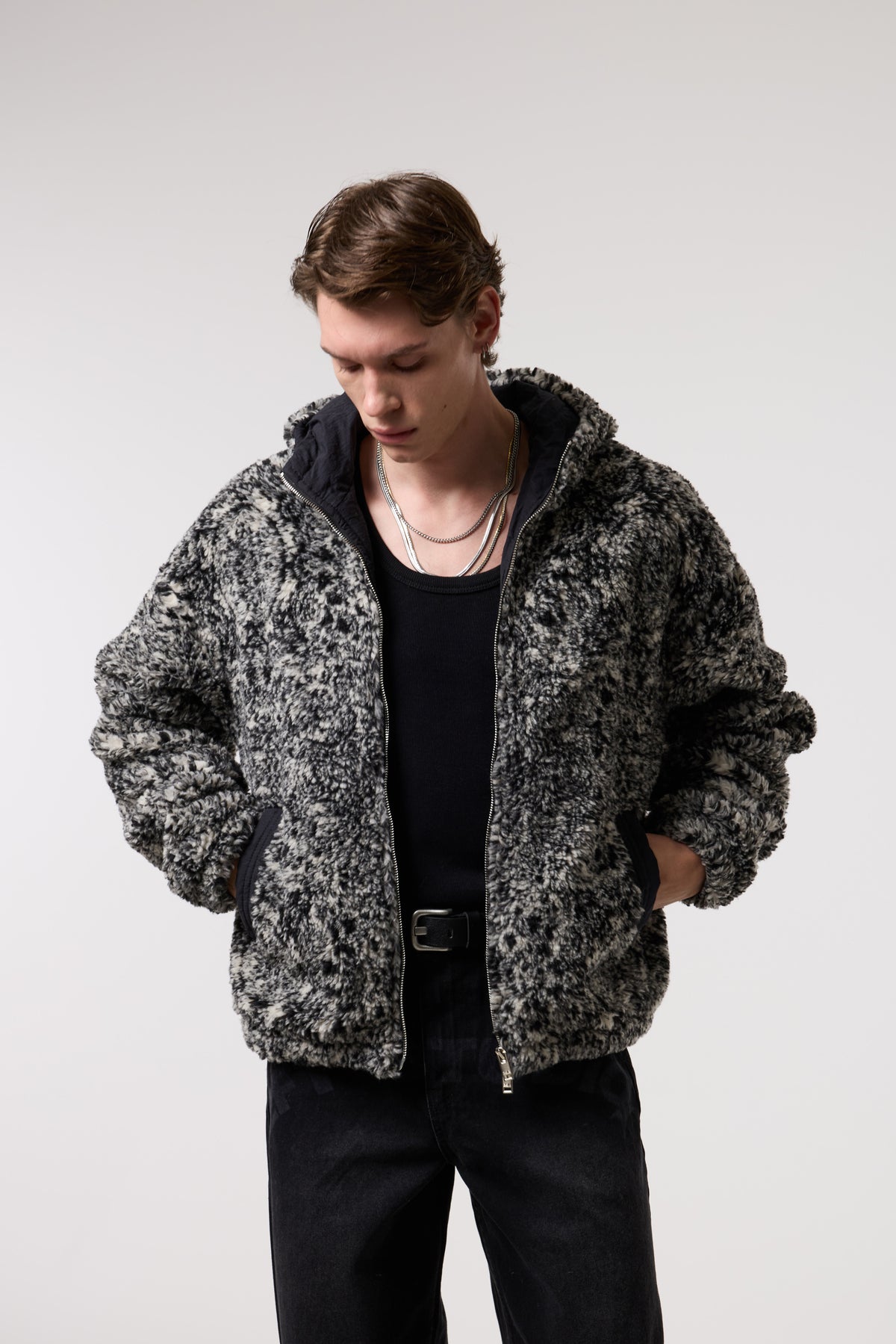 OVERSIZE SHERPA KUMAŞ KAPUŞONLU MONT - SİYAH / GRİ