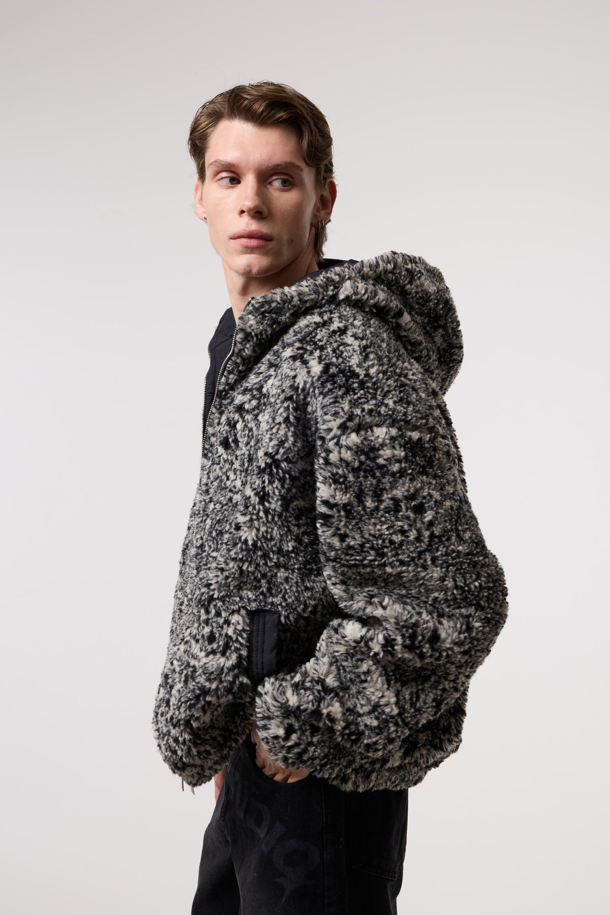OVERSIZE SHERPA KUMAŞ KAPUŞONLU MONT - SİYAH / GRİ