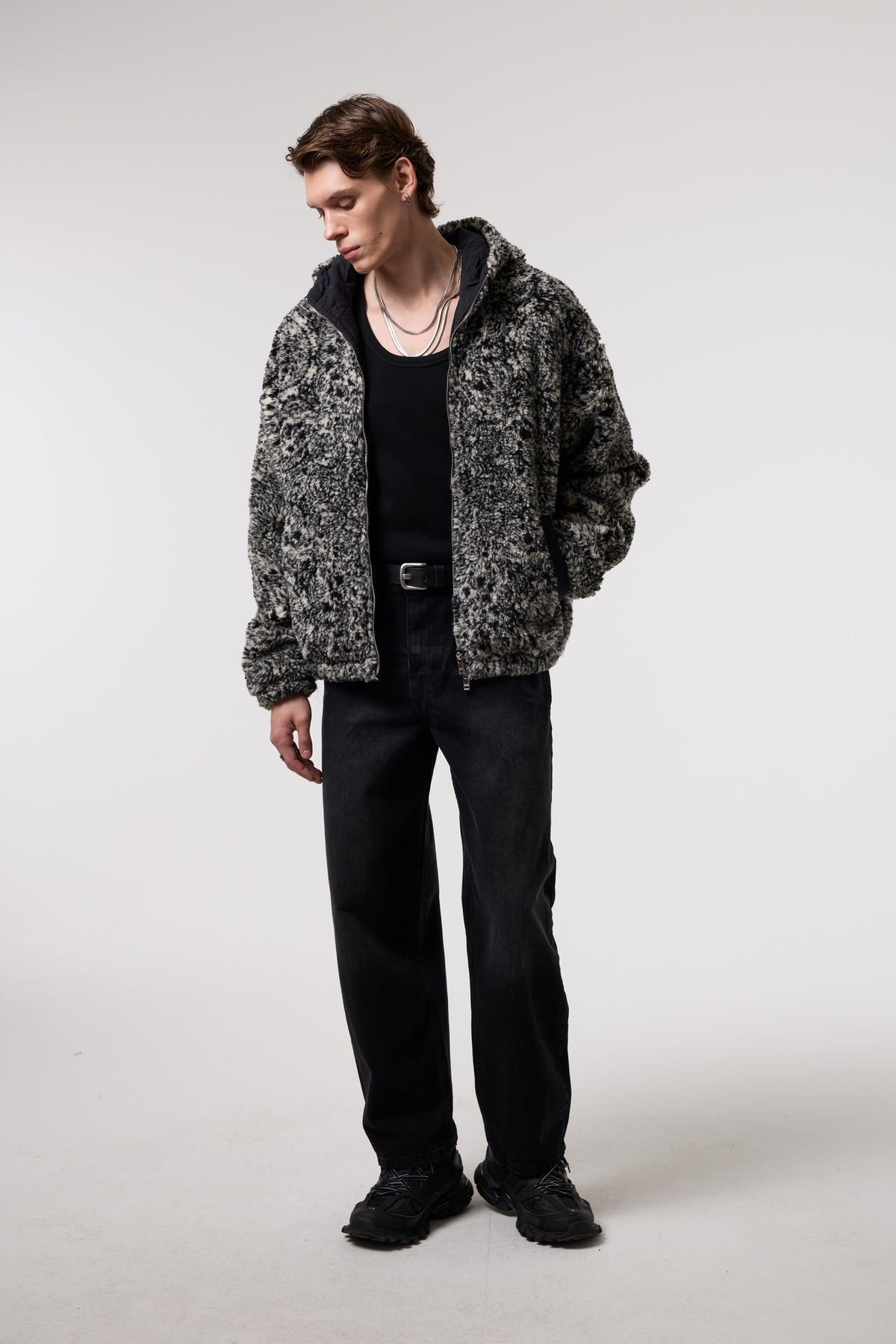 OVERSIZE SHERPA KUMAŞ KAPUŞONLU MONT - SİYAH / GRİ