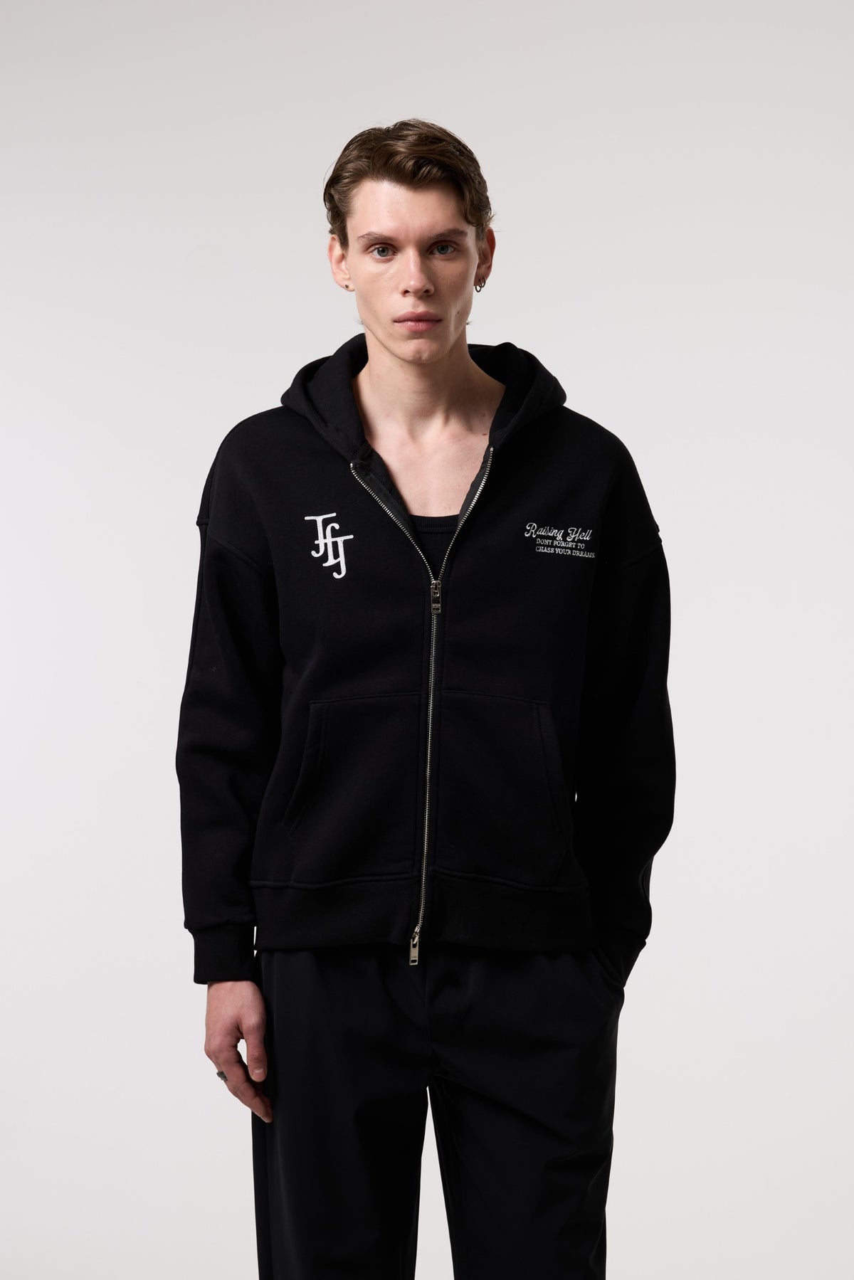Nakış Detaylı Fermuarlı Oversize Hoodıe