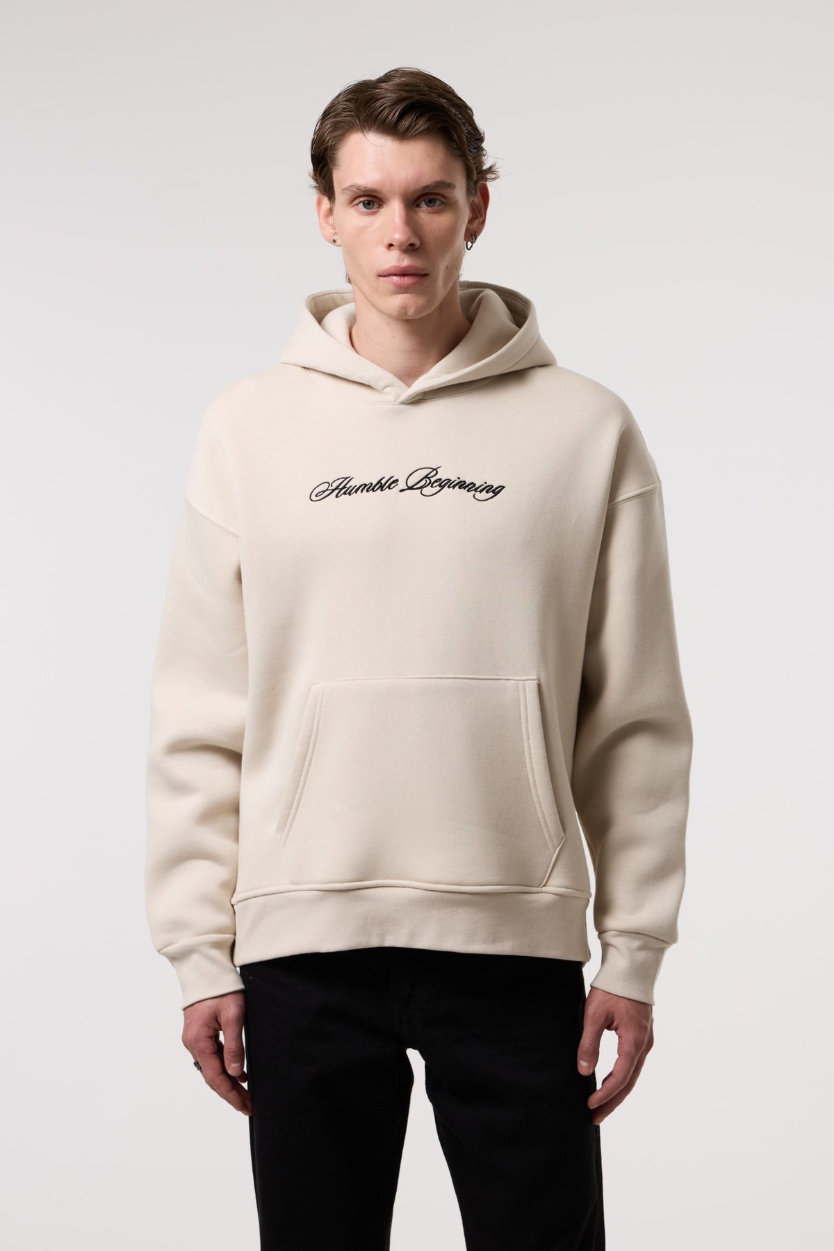 OVERSIZE Etnik İllüstrasyonlu HOODIE - BEJ