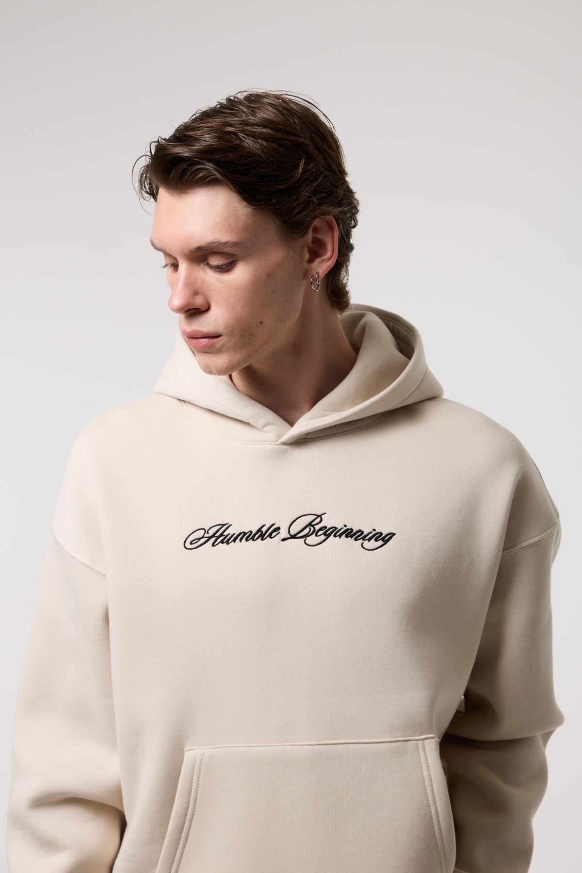 OVERSIZE Etnik İllüstrasyonlu HOODIE - BEJ