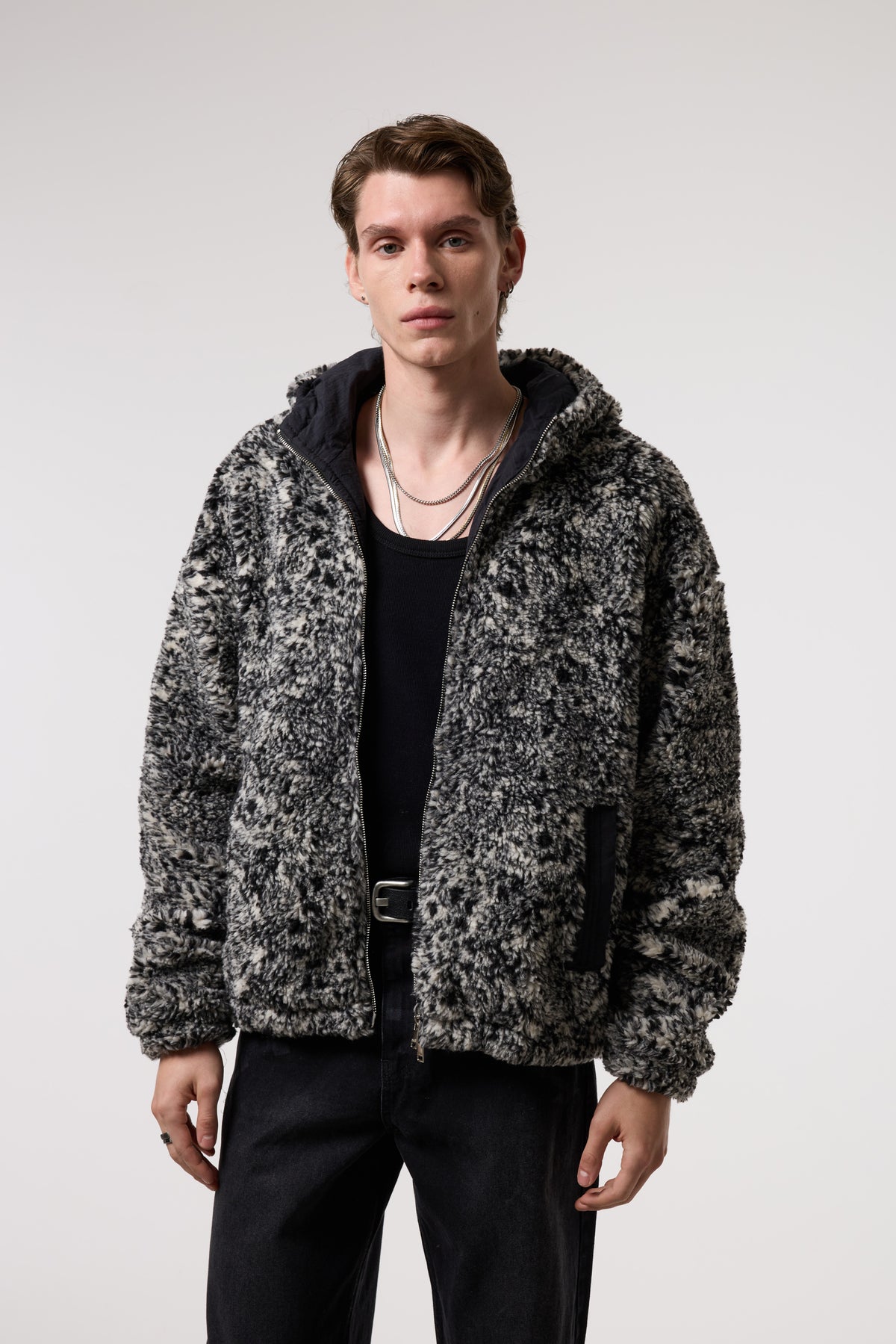 OVERSIZE SHERPA KUMAŞ KAPUŞONLU MONT - SİYAH / GRİ