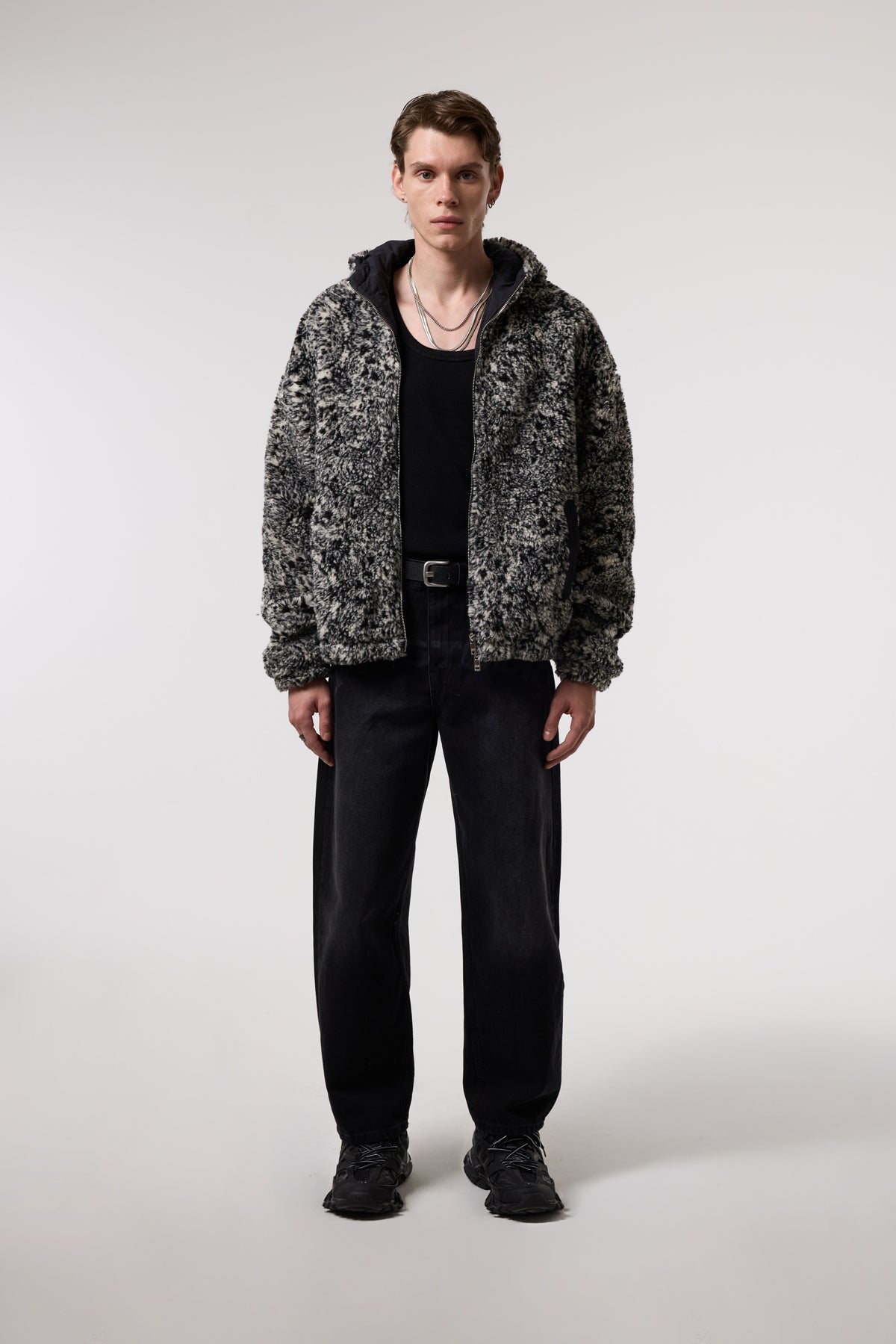OVERSIZE SHERPA KUMAŞ KAPUŞONLU MONT - SİYAH / GRİ