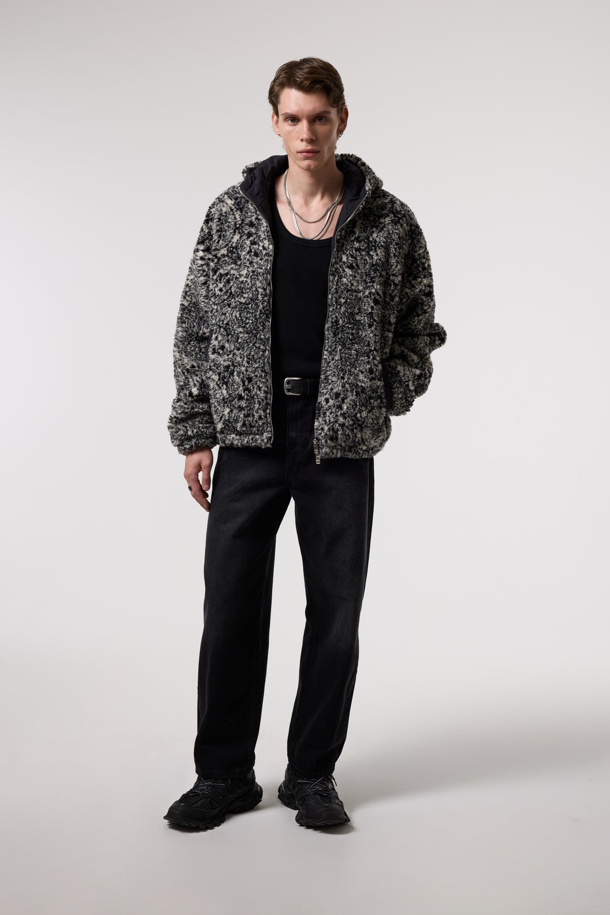 OVERSIZE SHERPA KUMAŞ KAPUŞONLU MONT - SİYAH / GRİ