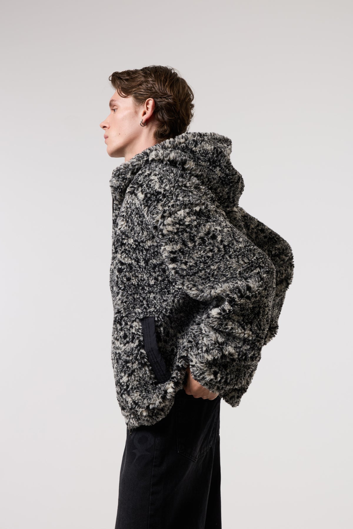 OVERSIZE SHERPA KUMAŞ KAPUŞONLU MONT - SİYAH / GRİ
