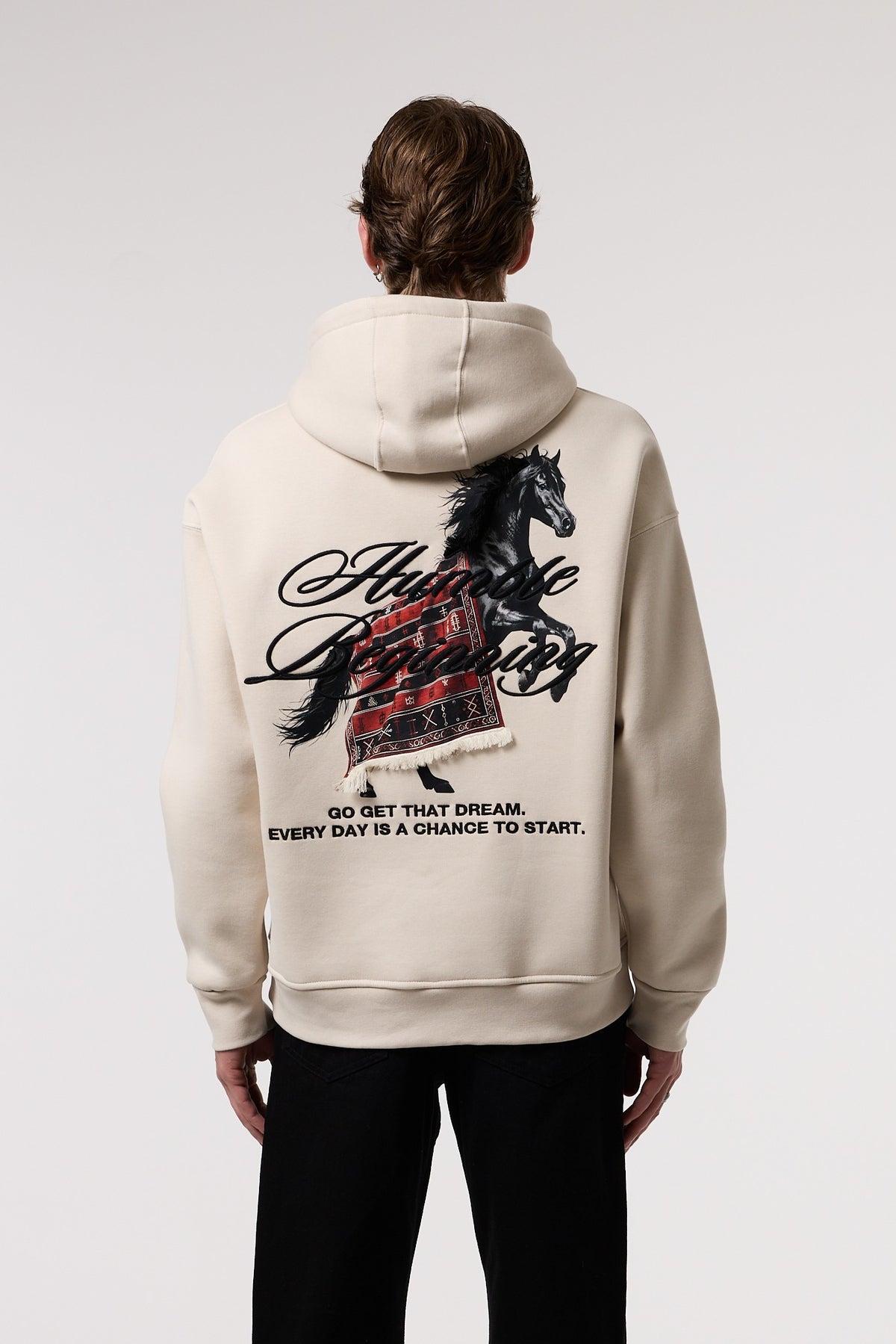 OVERSIZE Etnik İllüstrasyonlu HOODIE - BEJ