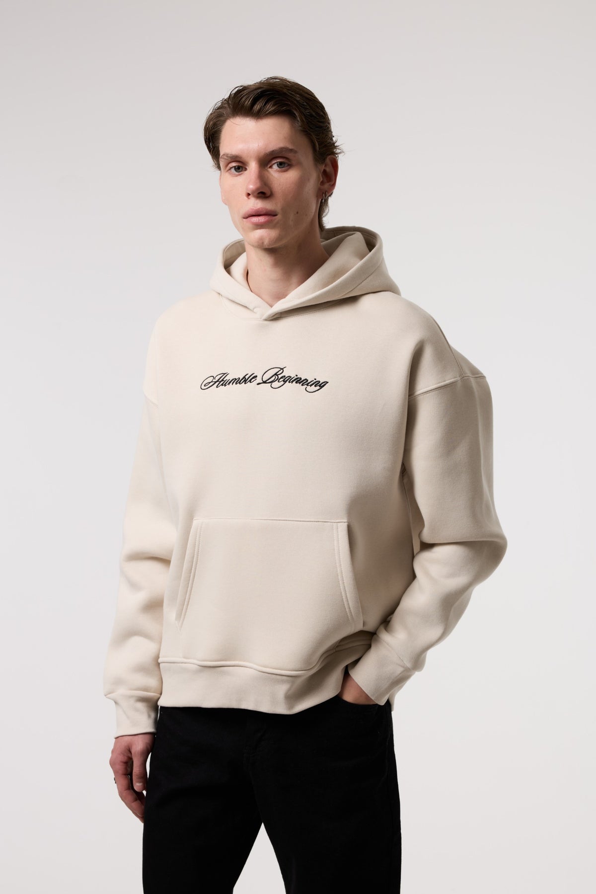 OVERSIZE Etnik İllüstrasyonlu HOODIE - BEJ