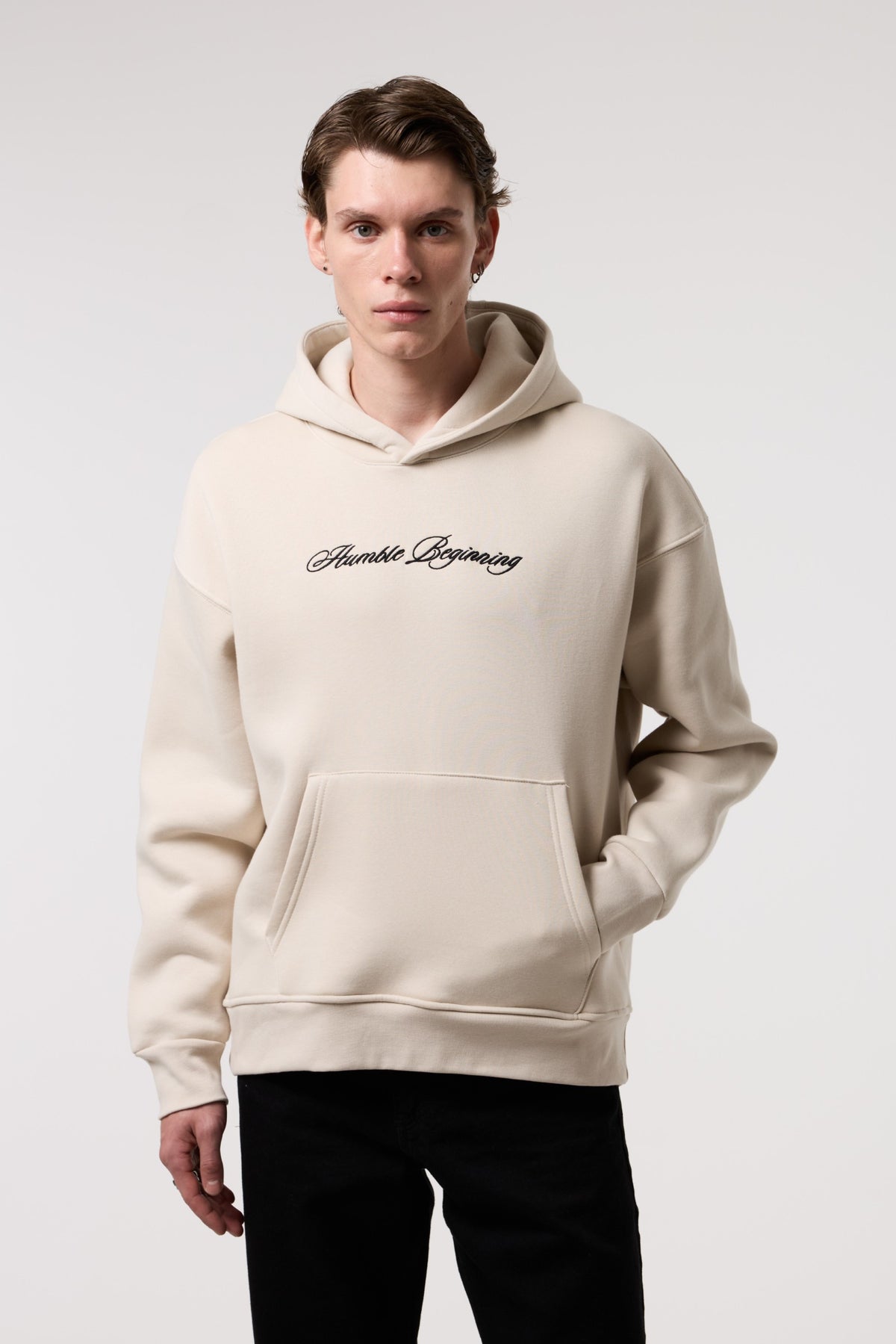 OVERSIZE Etnik İllüstrasyonlu HOODIE - BEJ