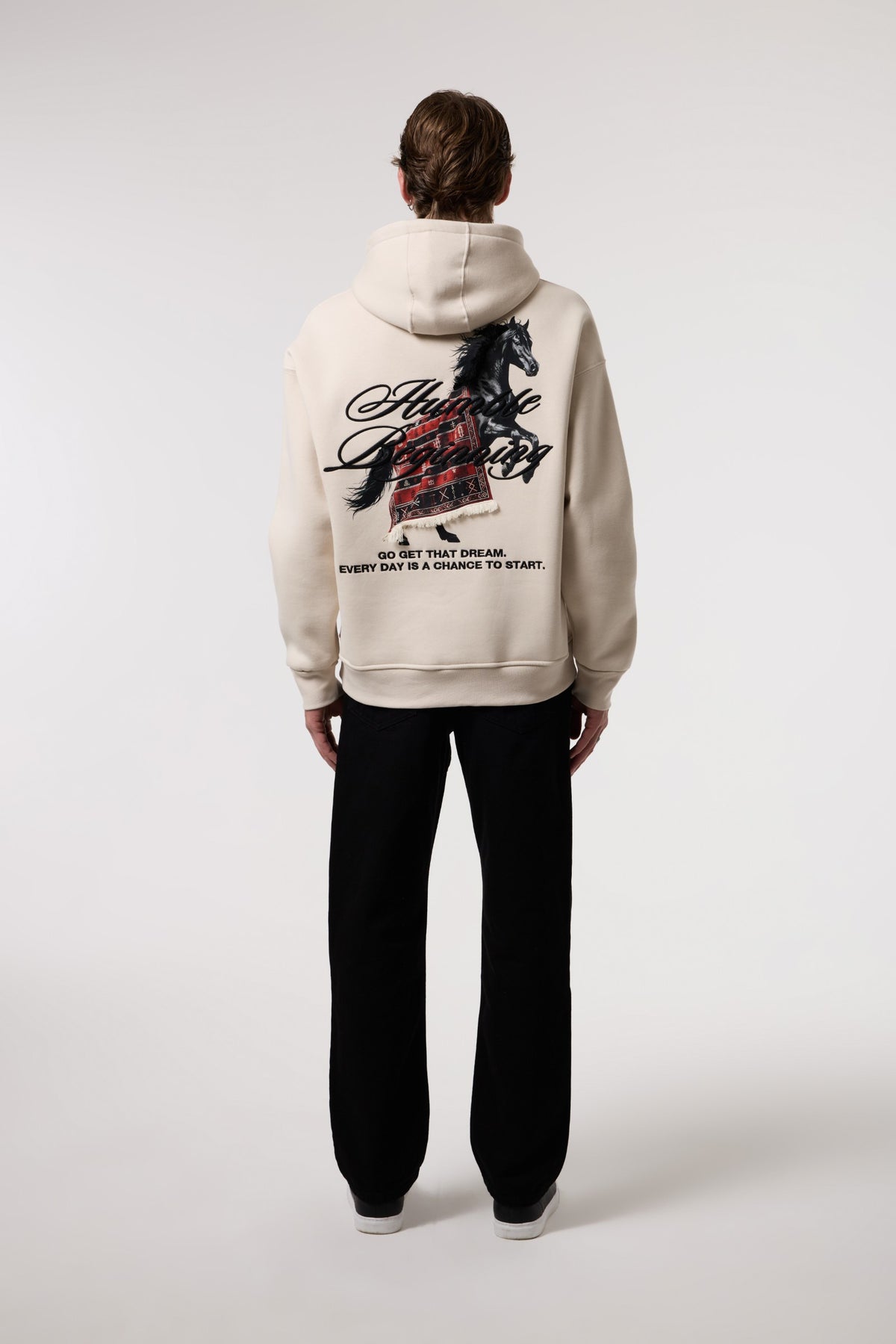 OVERSIZE Etnik İllüstrasyonlu HOODIE - BEJ