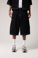 Dikişli Denim Baggy Şort