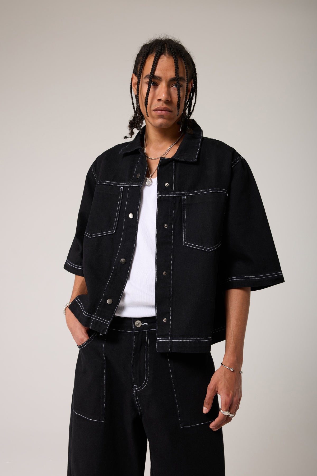 Dikişli Oversıze Denim Gömlek