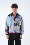 Grafiti Desen Yarım Fermuarlı Polar Sweatshirt