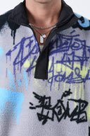 Grafiti Desen Yarım Fermuarlı Polar Sweatshirt