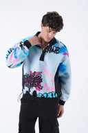 Grafiti Desen Yarım Fermuarlı Polar Sweatshirt