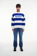 Yazı Baskılı Çizgili Triko Kazak