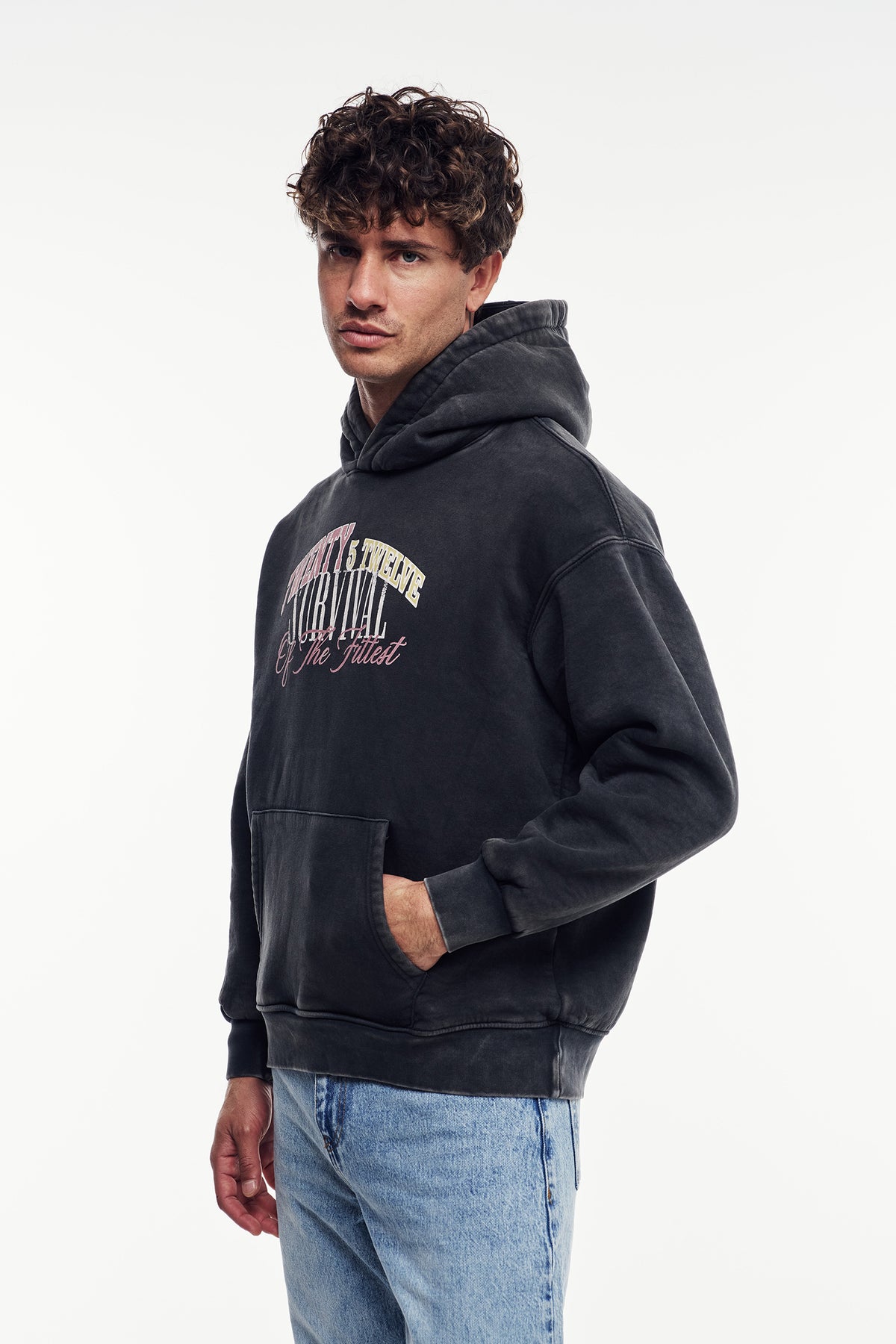 Yıkamalı Grafik Baskılı Kapüşonlu Sweatshırt
